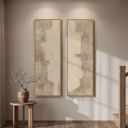 Long Narrow Framed Neutral Abstract Vertical Wall Art Set of 2, Oversized by Cuspin