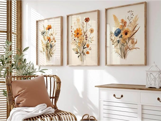 Botanical Floral Wall Art Set of 3 Vintage Wildflower Canvas Wall Decor by Unknown