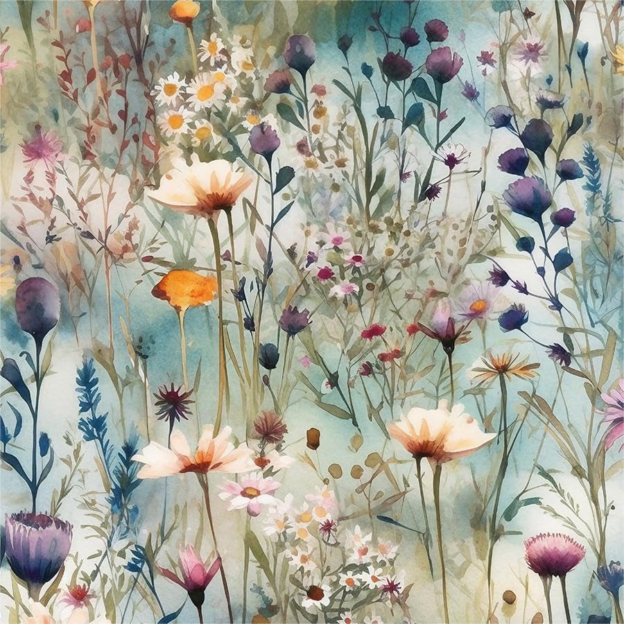 Watercolor Blue Green Purple Beige Wildflower Peel and Stick Wallpaper Wall by Yzogbry