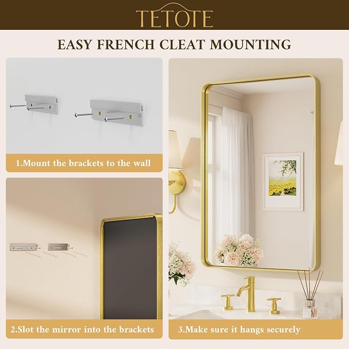 TETOTE 55 x 30 Inch Bathroom Mirror, Brushed Gold Metal Framed Wall Mounted - Image 7