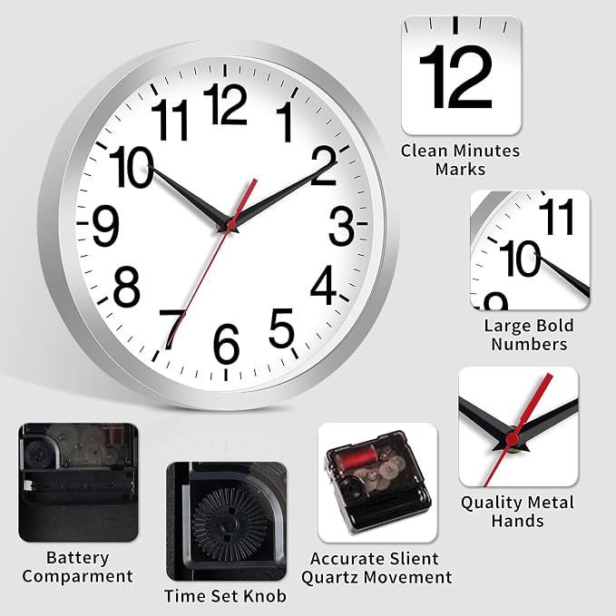 Rohioue 12 Inch Wall Clock Modern Battery Operated Silent Non Ticking Analog - Image 4