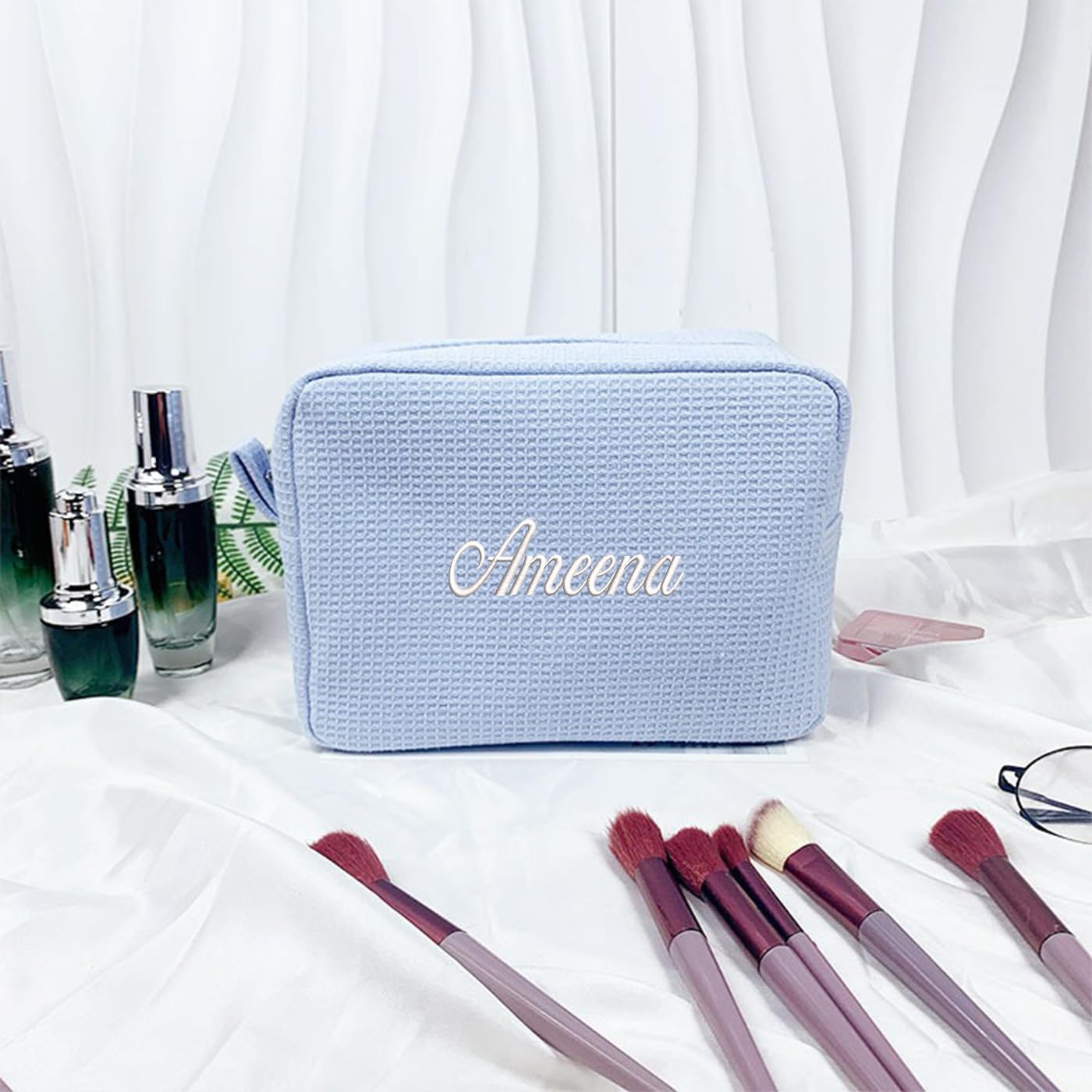 GOPHIE Personalized Embroidered Makeup Bag,Custom Waffle Fabric Cosmetic Pouch for Women, Travel Makeup Pouch (6, Sky Blue)