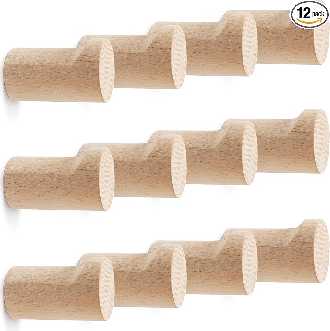 bsdonte 12 Pack Wood Wall Hooks, Natural Wooden Coat Hooks Wall Mounted by bsdonte