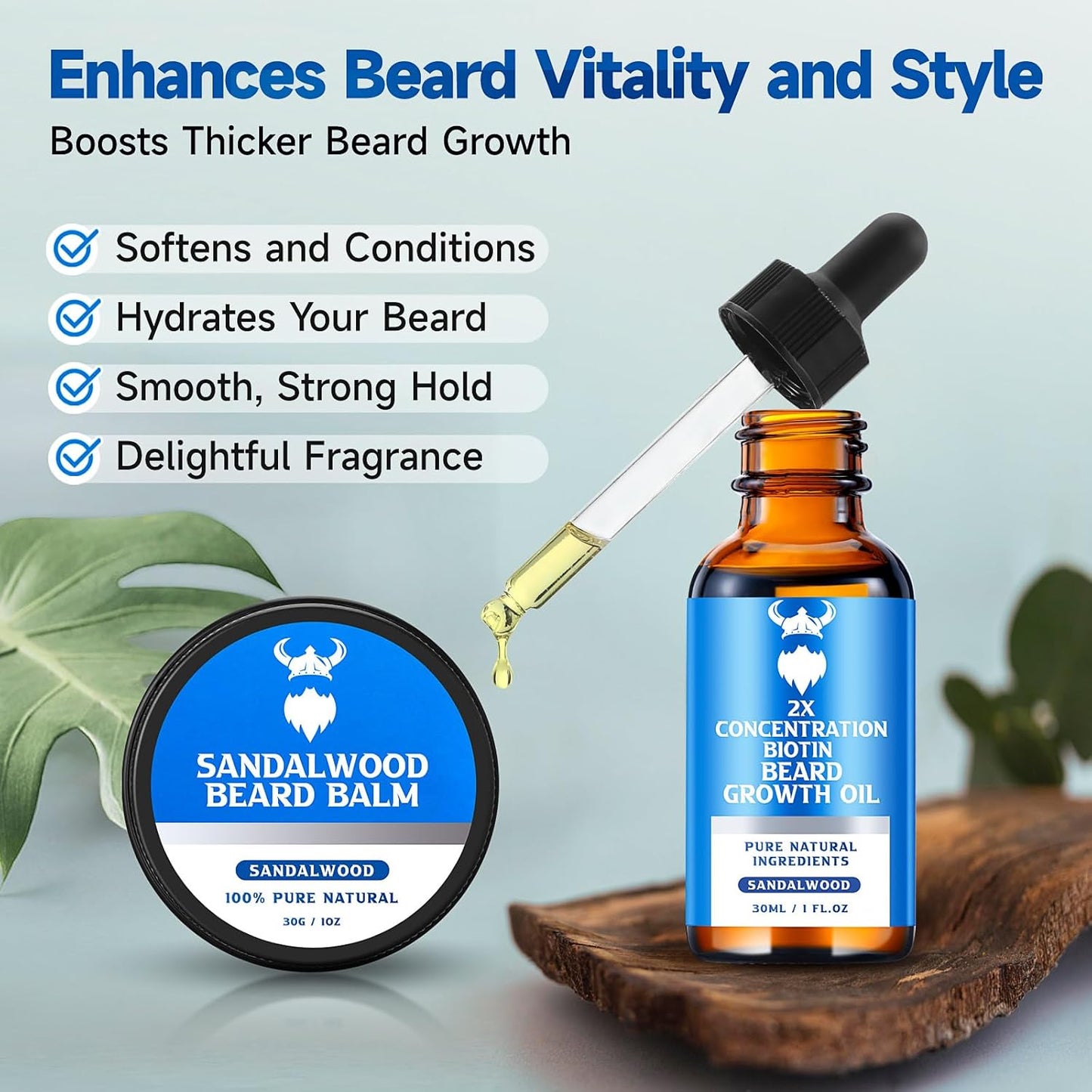 Beard Growth Oil & Beard Balm - Beard Growth Kit with 2X Concentration Biotin for Men, Natural Ingredients with Argan Oil, Jojoba Oil and Vitamin (Sandalwood)