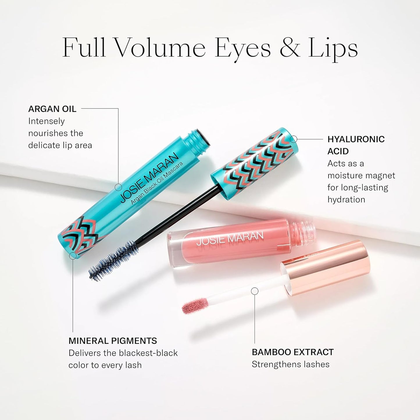 Josie Maran Eye Love Lip Gloss & Mascara Makeup Kit - Plumping Lip Gloss Infused with Argan Oil, Hyaluronic Acid and Sheer, Radiant Color + Argan Black Oil Lengthening Mascara (2 Piece Set)