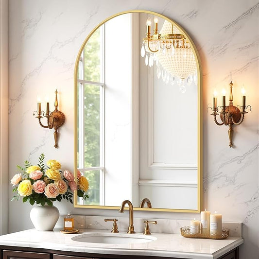 Bathroom Mirror for Wall, 38x26 Inch Arched Mirror, Matte Gold Metal Framed by Atilioo