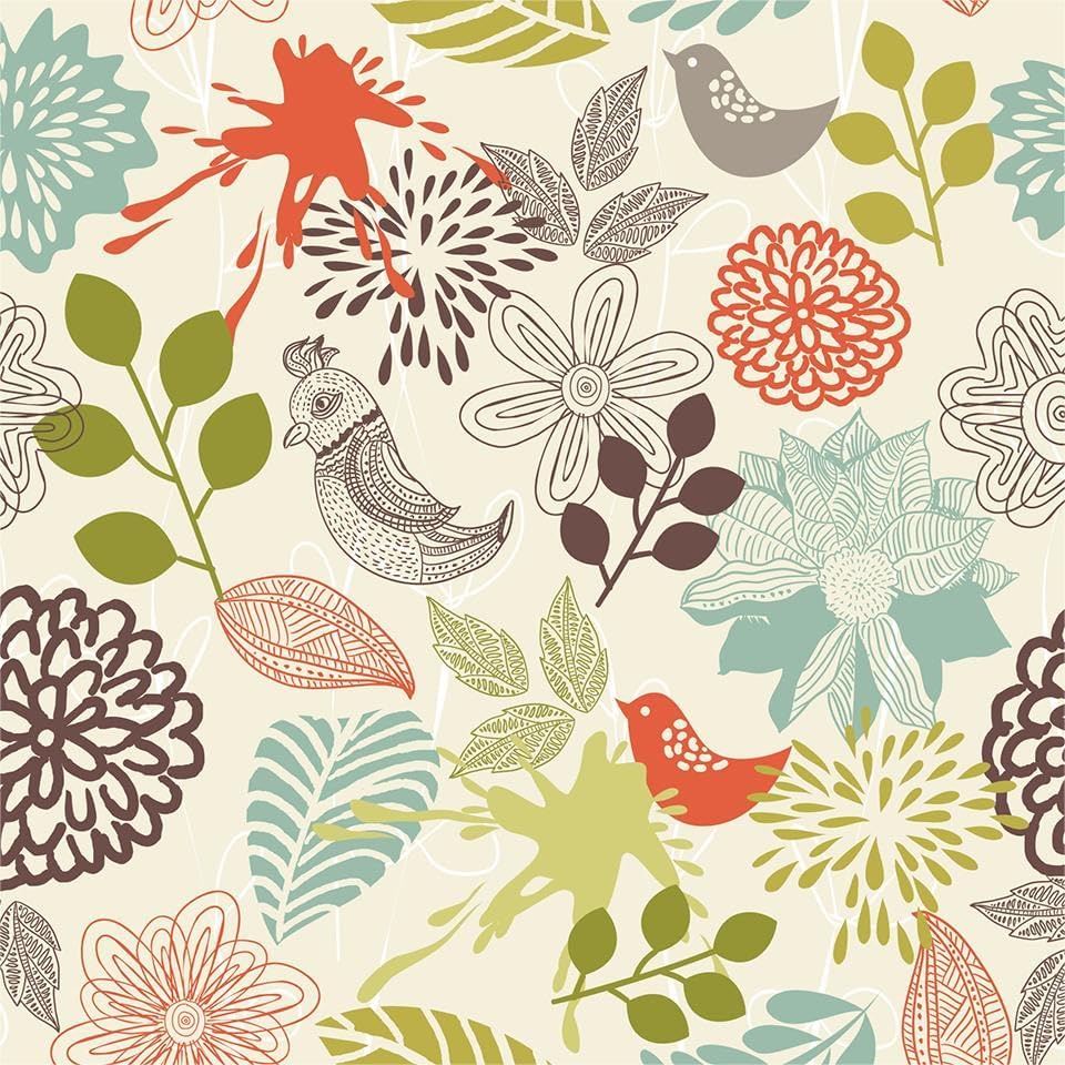 MuralPeel Vintage Blue Green Red Flower Plant Bird Peel and Stick Wallpaper by MuralPeel