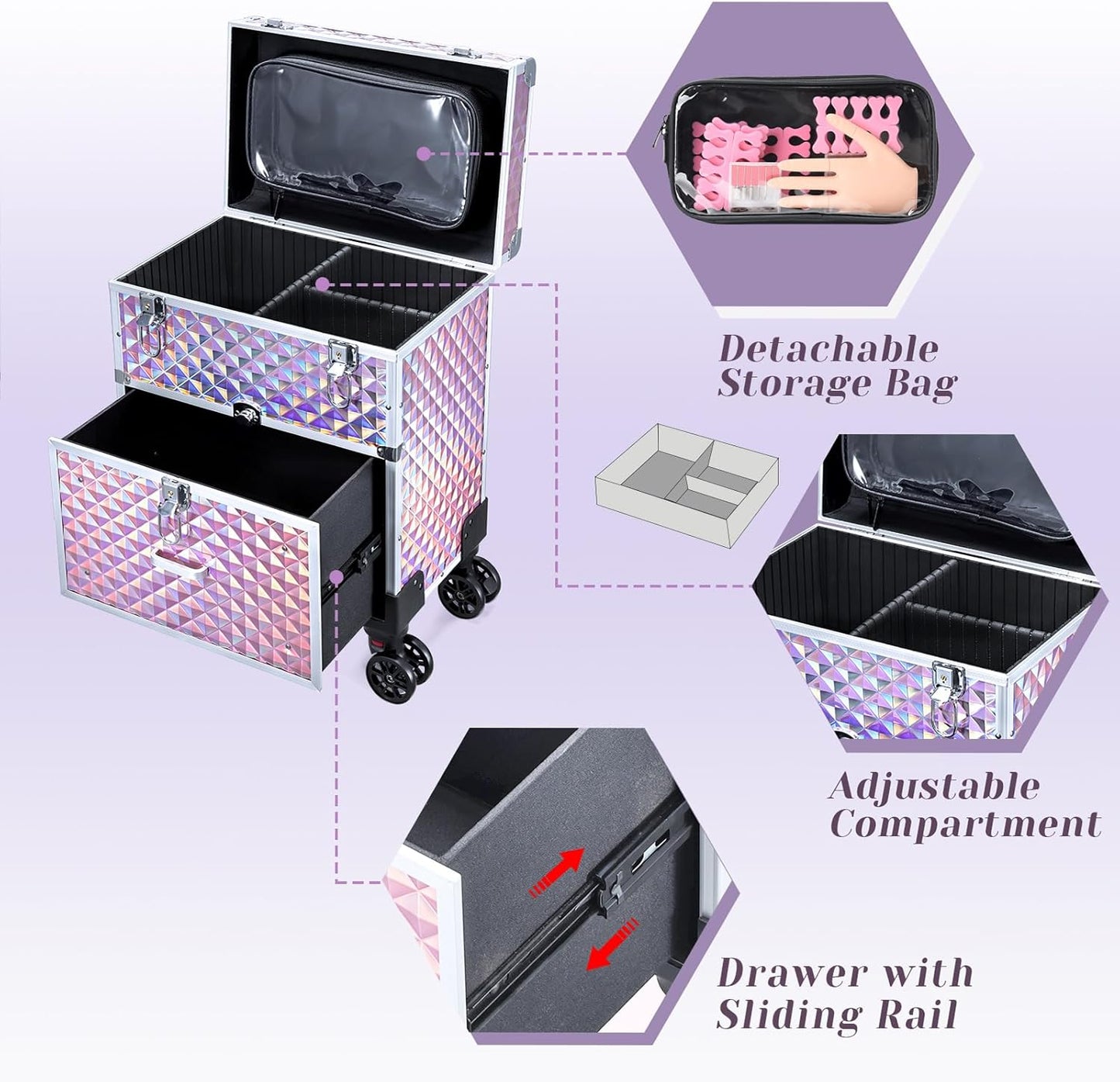 Adazzo Professional Rolling Makeup Case with Drawer for Makeup Artists Cosmetic Train Case Large Storage Case for Nail Technicians Cosmetology Case with Detachable Bag for Hairstylist Pink