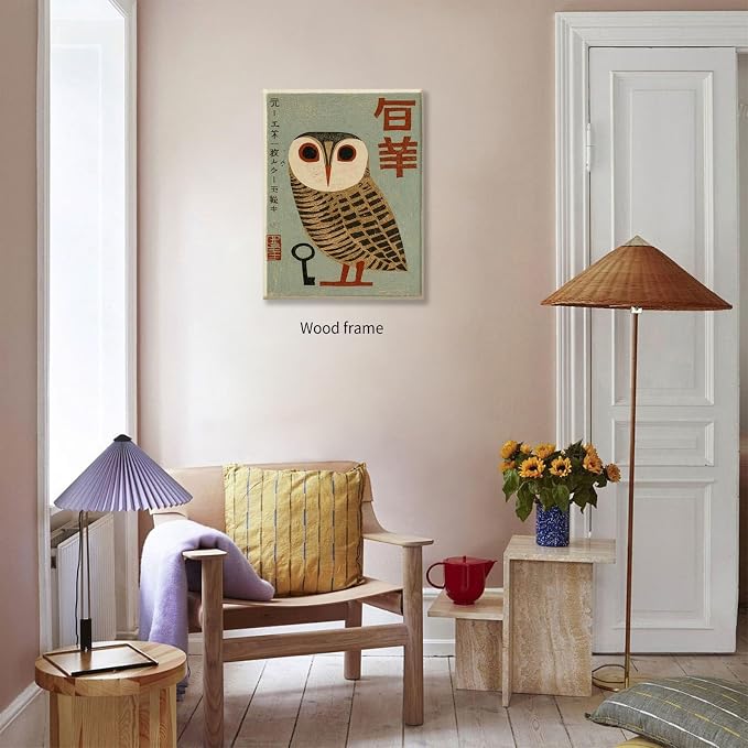 Vintage Japanese Framed Wall Art Owl Poster Mid Century Animal Print 16x24in - Image 5