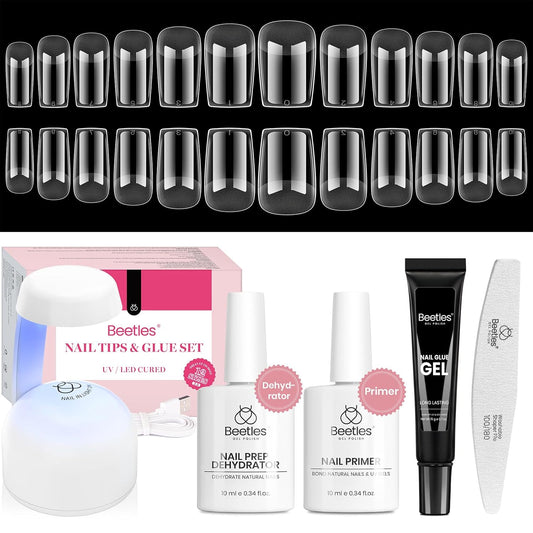 Beetles Gel Nail Kit Short Square with Nail Dehydrator and Primer, 576Pcs Half Matte Etch-X Gel Nail Tips Solid Nail Glue Mini Nail Lamp Acrylic Nail Tips Easy DIY Nail Extension Set Gift for Women