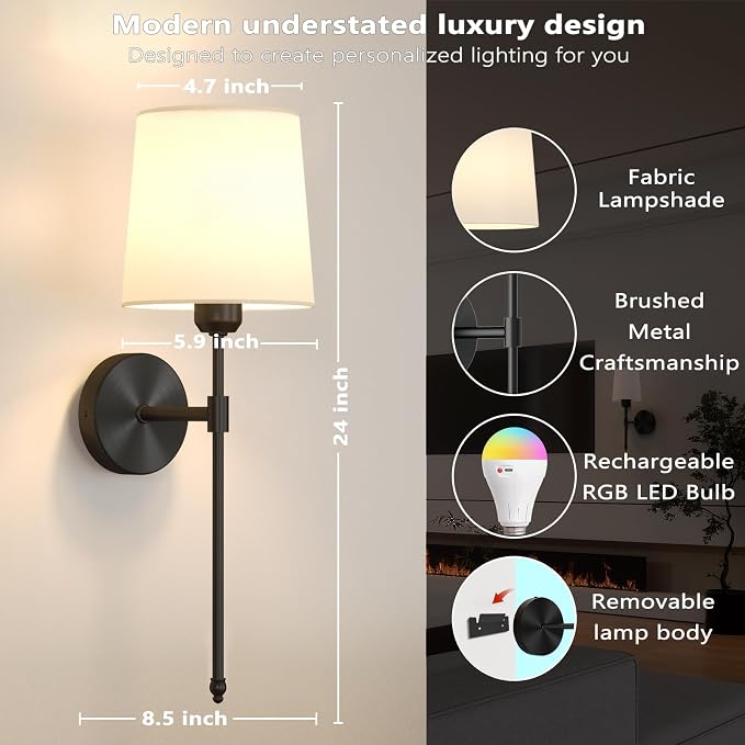 Ouyulong Battery Operated Wall Sconces Set of 2, Wireless Rechargeable Dimmable - Image 4
