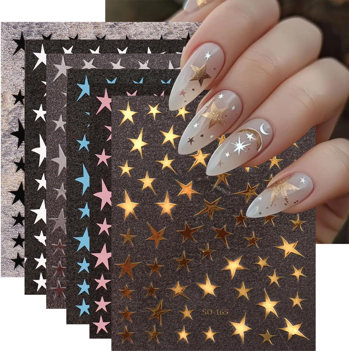 14 Sheets Star Nail Stickers 3D Glitter Nail Decals Gold White Blue Pink Silver Black Stars Nail Art Stickers Geometry Star Nail Sticker Nail Art for Women DIY Manicure Decorations