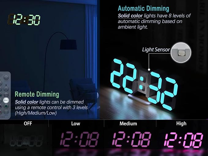 KOSUMOSU Wall Clock Neon Digital Clock 3D LED Desk Clock Large Display 9.7" RGB - Image 4