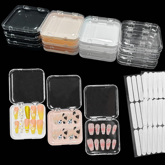 12 Piece Press On Nail Storage Box with 60 Pcs Double Sided Tape - Acrylic Fake Nail Display Box for Home Salon Use