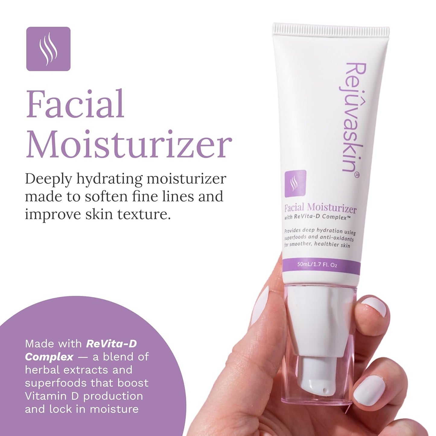 Rejuvaskin Facial Moisturizer With Revita-D Complex, Daily Face Moisturizer for Dry Skin, Reduces Wrinkles, Non-Greasy Hydrating Cream for Men & Women, Paraben-Free, 1.7 oz