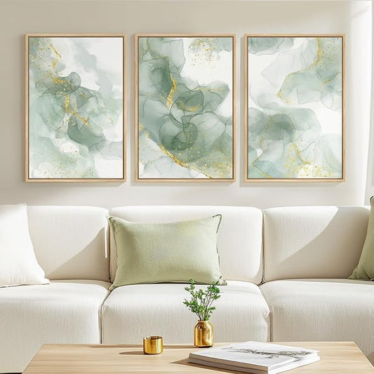 Framed Sage Green Abstract Wall Art, 3 Piece Modern Canvas Prints Paintings by Cuspin