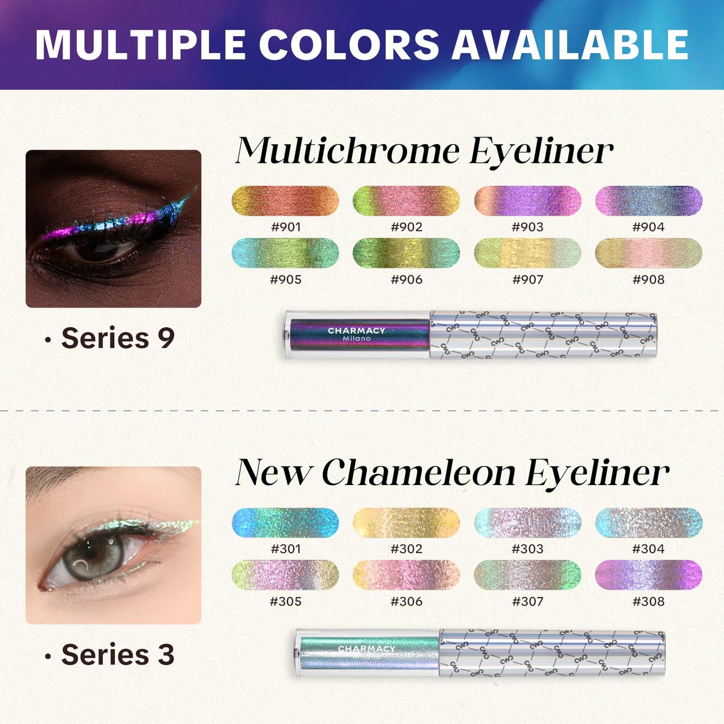 CHARMACY Multichrome Liquid Eyeliner, Glitter Chameleon Liquid Eyeshadow Eyeliner Makeup,High Pigmented with Waterproof &Smudge Proof Formula,Longwearing,Ultra-Fine Tip,PALE PINK YELLOW 908