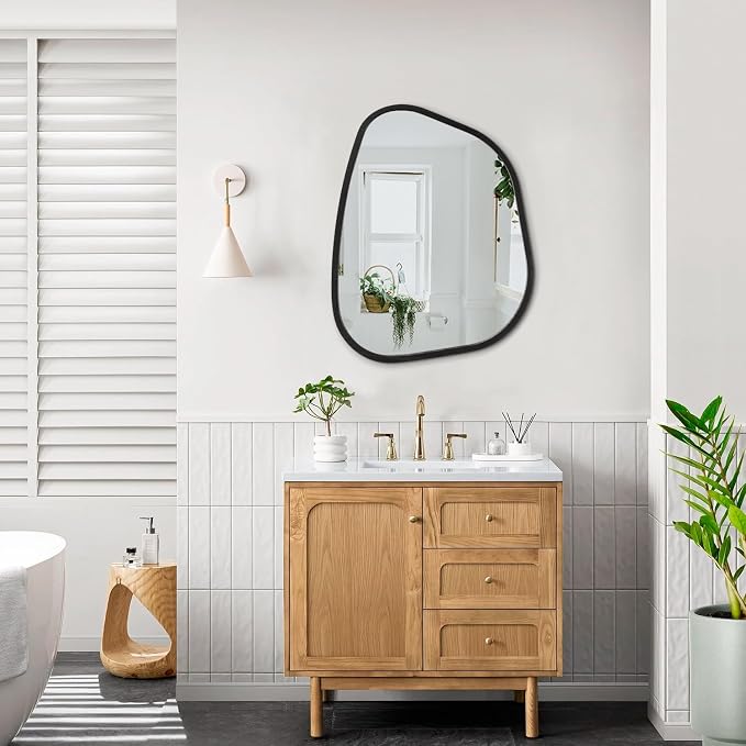 Irregular Wall Mirror Asymmetrical White Mirror Modern Wood Frame Unique Shape - Image 6