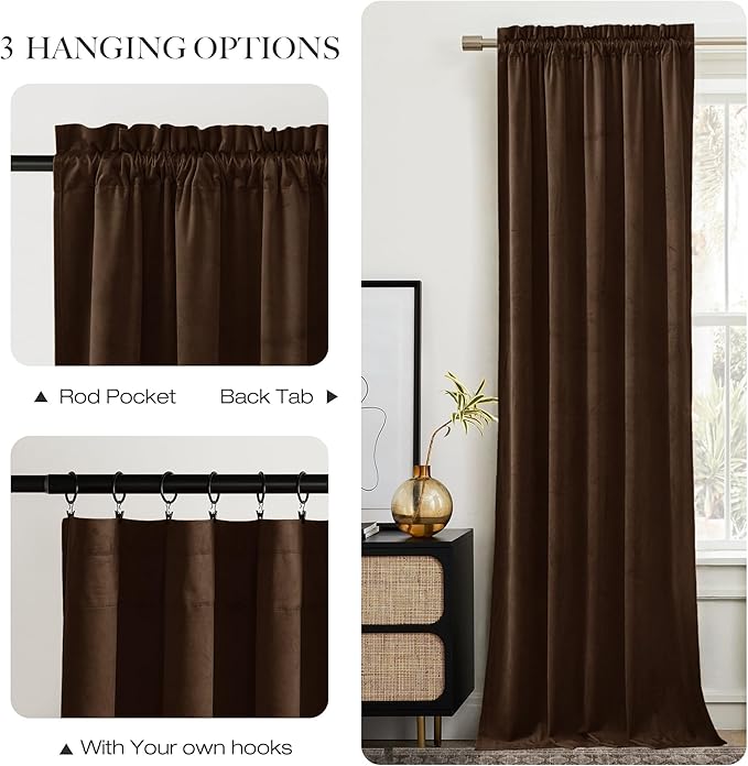 NICETOWN Brown Velvet Curtains 108 inches Long 2 Panel - Image 8