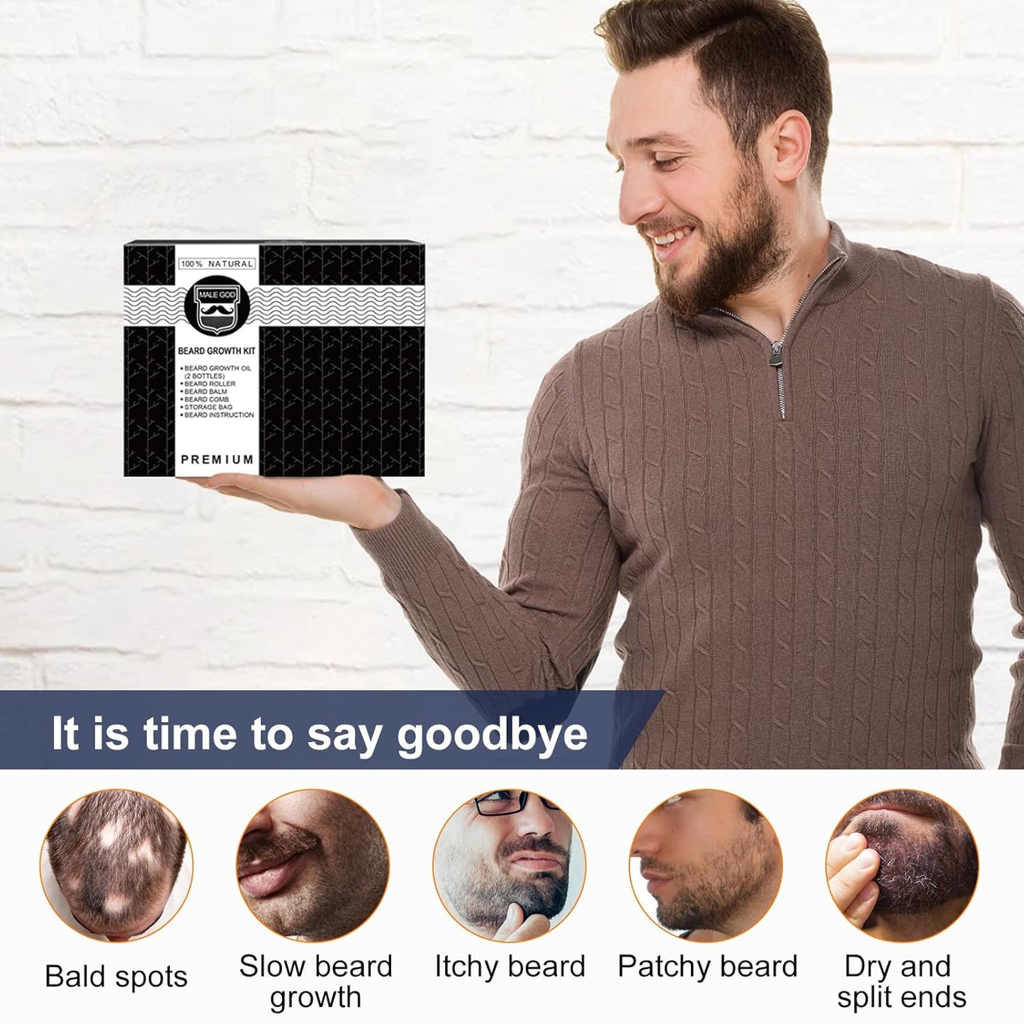 MALE GOD Beard Growth Kit, Beard Kit W/Beard Growth Oil (2 Bottles), Beard Balm, Beard Comb, Massager for Spot/Patchy Beard, Christmas Gifts for Men Him Boyfriend Husband