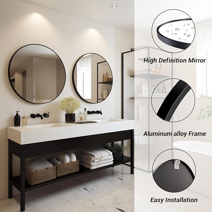 Sunniry 18 inch Round Mirror, Round Wall Mirror, Metal Frame Black Circle Mirror - Image 2