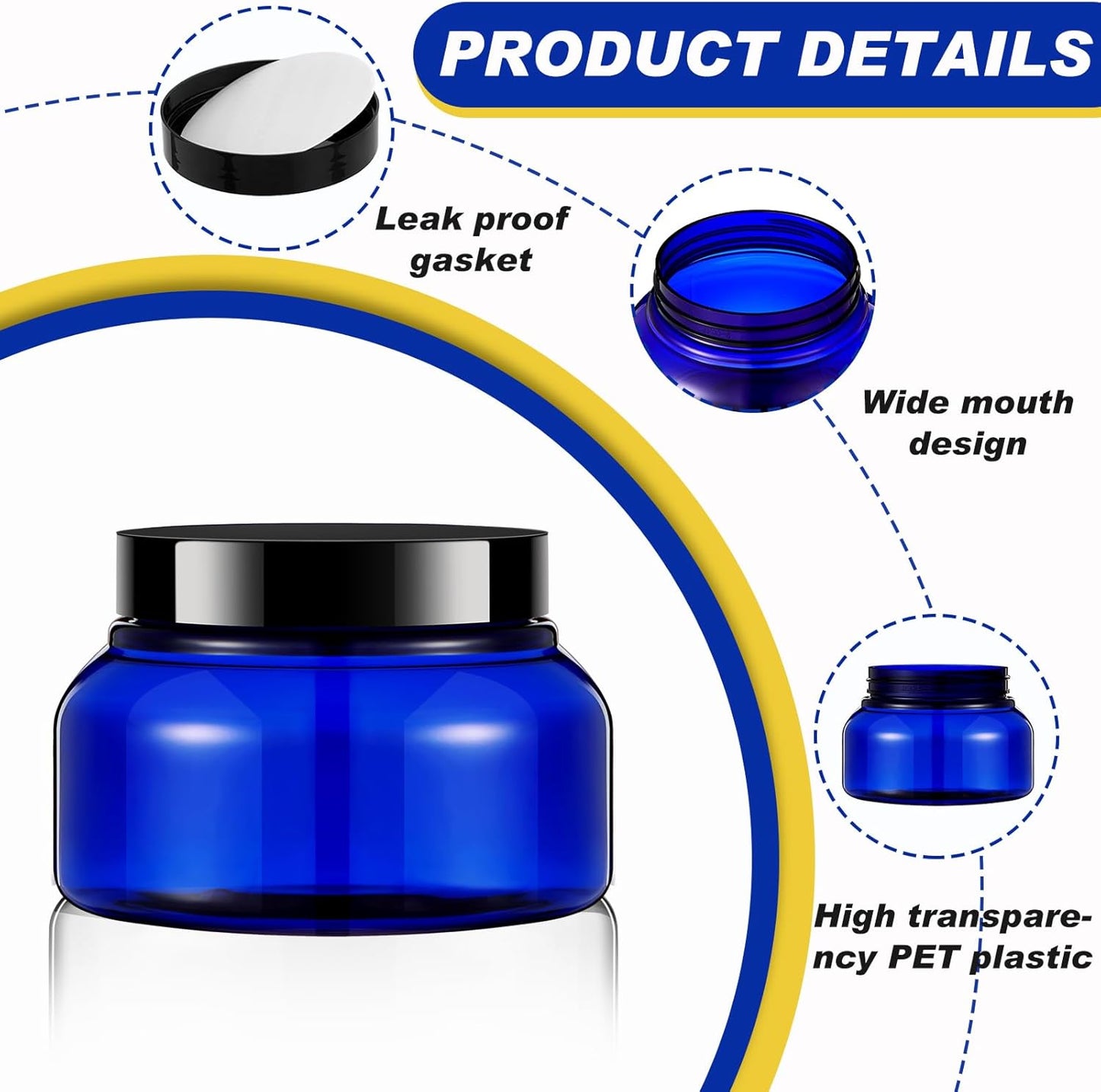 Tessco 24 Pack Plastic Jars with Lids Labels Empty Clear Plastic Jars Round Refillable Cosmetic Containers Body Butter Containers Bulk Sugar Scrub Bottle for Make Up(8 oz,Blue, Black)