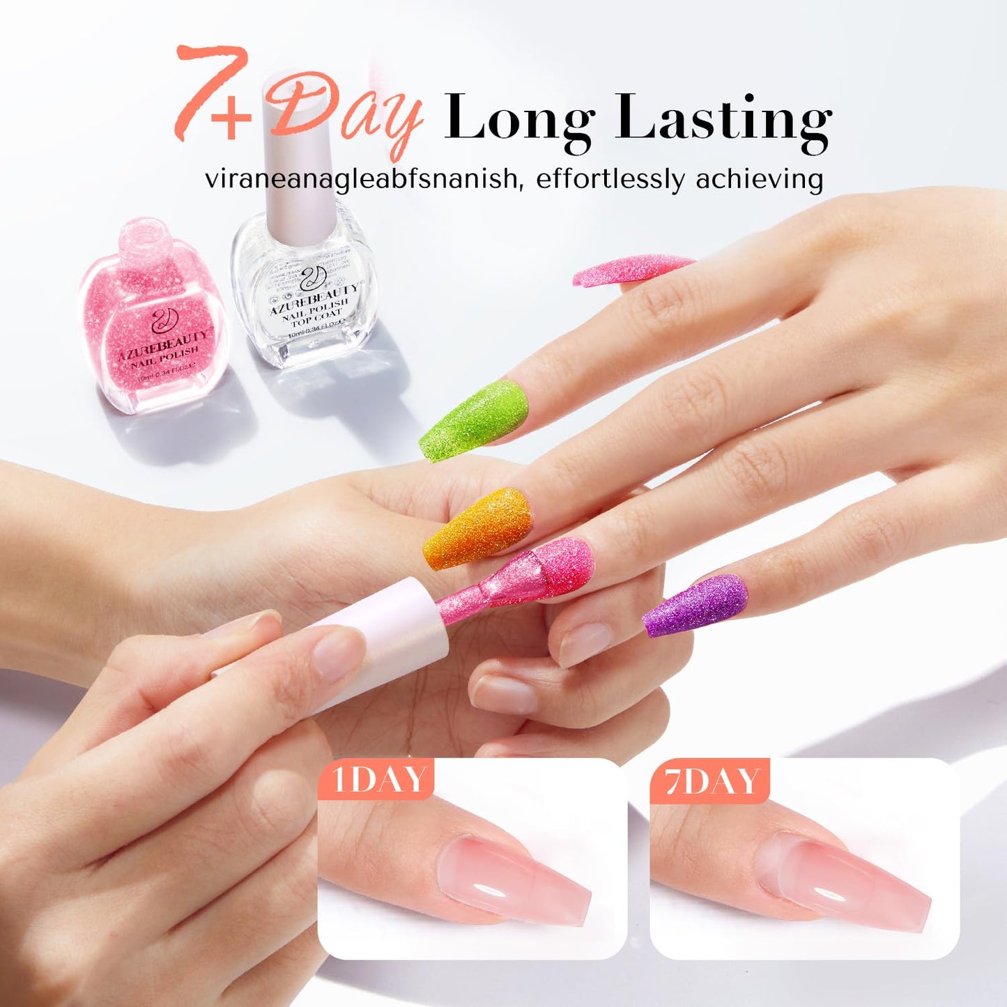 AZUREBEAUTY Nail Polish Set, 4 Colors Shimmer Glitter Neon Pink Orange Green Purple Spring Summer Long Lasting Quick Dry Natural Fingernail Lacquer Strengthening Kit with Top Coat DIY Salon