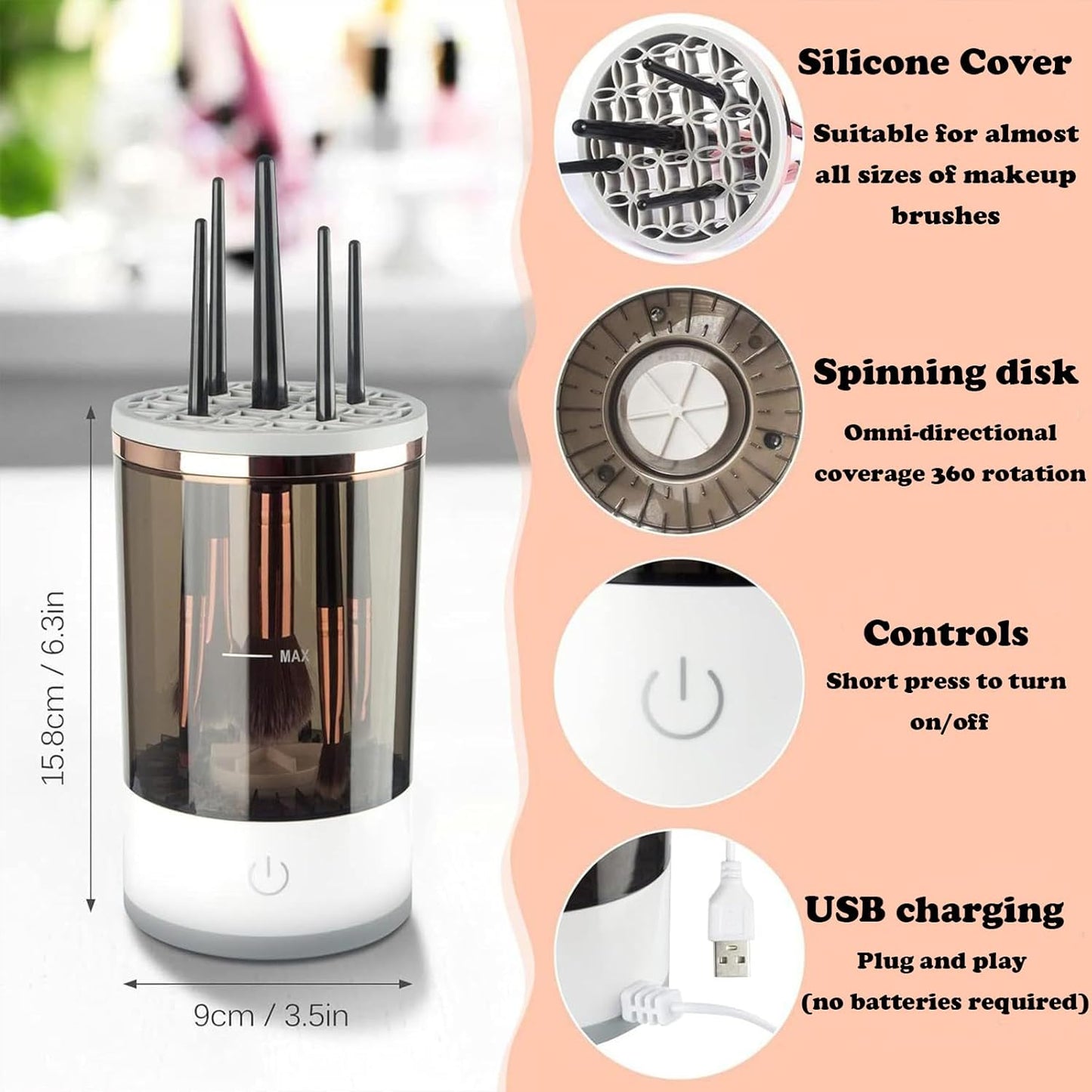 Makeup Brush Cleaner Machine, Portable Electric Makeup Brush Cleaner, Efficient Deep Cleaning Makeup Brushes, Automatic Spinning Make Up Brush Cleaner Fit for All Size Cosmetic Brush (Grey)