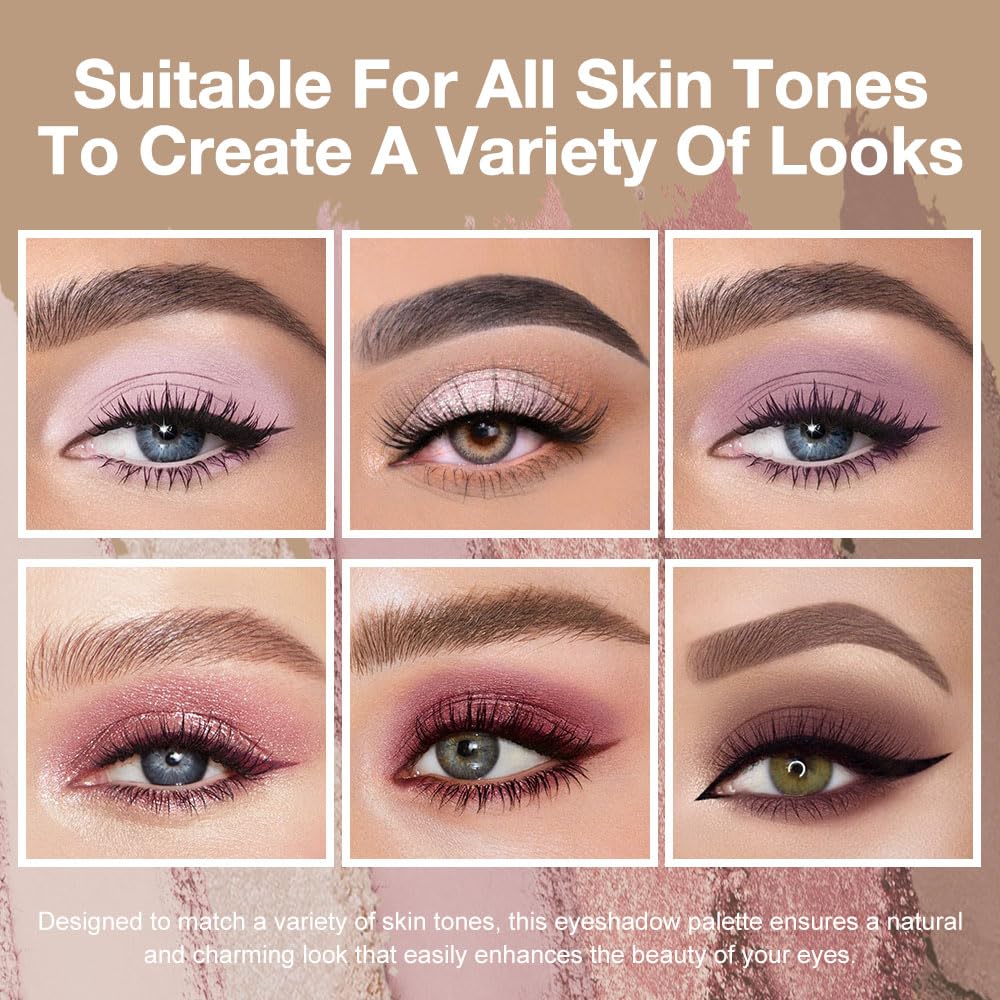 evpct 6 Colors Pink Eyeshadow Palette, Nude Pink Plum Mauve Champagne Rose Orchid Wine Red Glitter Shimmer Matte High Pigment Mini Travel Eye Shadow Palette Makeup for Older Women, Built in Mirror