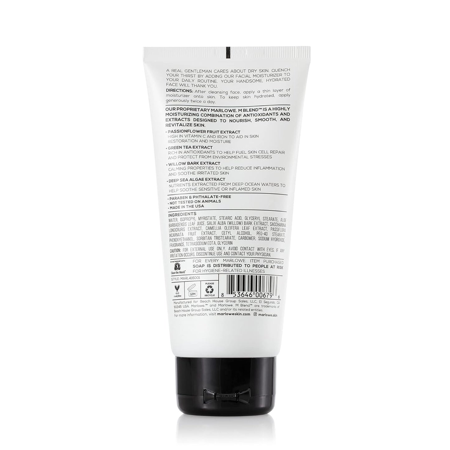 MARLOWE. No. 123 Facial Moisturizer 6 oz, Daily Face Lotion with Aloe Vera & Green Tea Extract, Hydrates, Nourishes, Restores & Soothes, Lightweight, Non-Greasy, Fresh Aloe Citron Scent