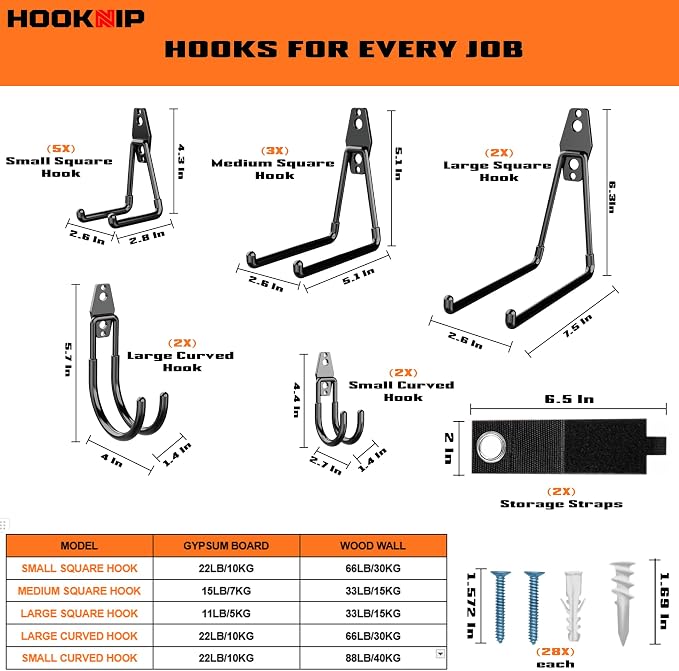 Pack 16 Garage Hooks Heavy Duty | Multi-Sized Wall-Mounted Tool Hangers - Image 2