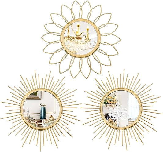 3 Pack Metal Mirrors for Wall Sunburst Wall Mirrors Home Décor Decorative by Uaussi