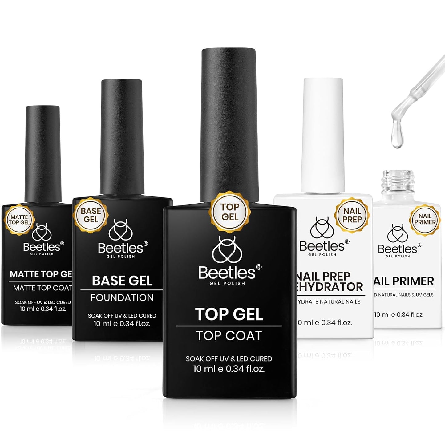 Beetles Gel Top Coat and Base Coat Set with Nail Dehydrator and Primer, 5 Pcs 10ml Glossy & Matte Top Coat Gel Nail Polish Nail Prep Acid-Free and Hema-Free Dehydrate Bond Primer Set for Acrylic