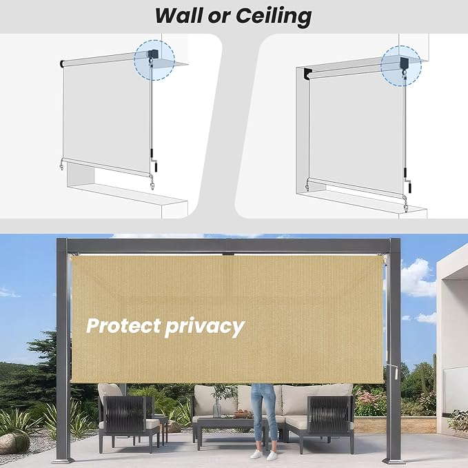 7'W x 8'H Sesame Patio Shades Roll up Outdoor Roller Shade Crank Wand Blind - Image 6