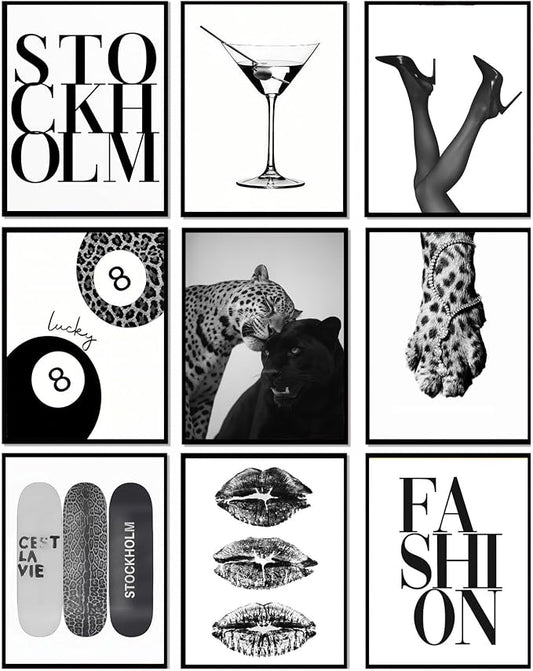 LOARTVE 9Pcs Black and White Fashion Wall Art Prints Trendy Leopard Stockholm by LOARTVEART