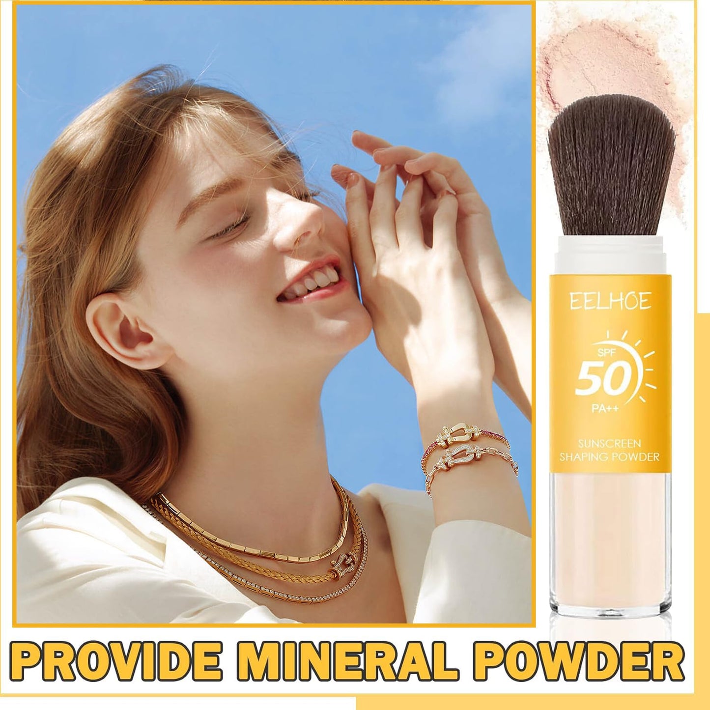 Mineral Sunscreen Setting Powder, Mineral Brush Setting Face Powder Makeup SPF 50 PA++ for All Skin, Oil Control Lightweight Breathable Concealer Brush Powder, Matte Smooth Translucent Face Powder
