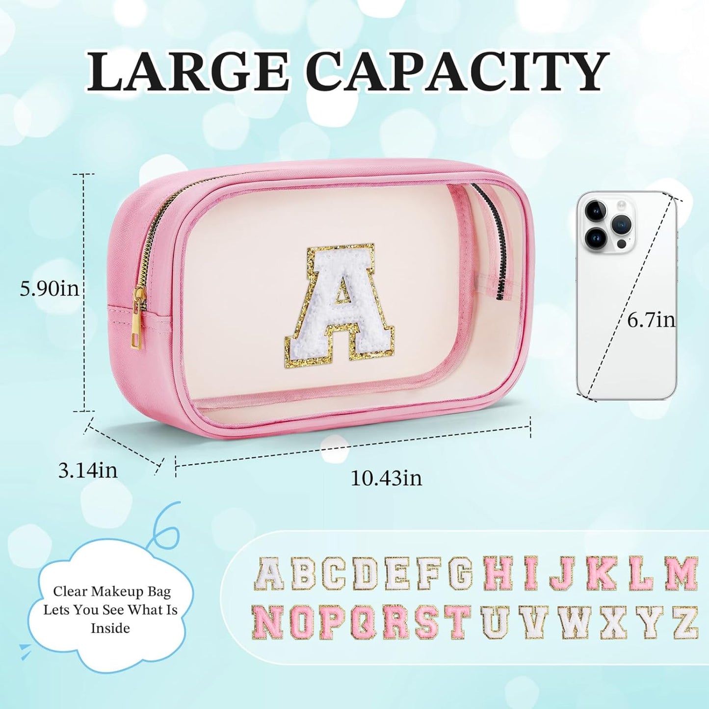 YOOLIFE Initial Make Up Bag Travel Toiletry Bag, Clear Makeup Bag Preppy Cosmetic Bags Organizer Travel Essentials Pink Gifts for Women Teen Girlfriend Teacher Bridesmaid Birthday Mothers day Gifts Q