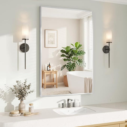 Koonmi Silver Rectangle Wall Mirror, 20x30 Inch Bathroom Mirror, Aluminum Frame by KOONMI