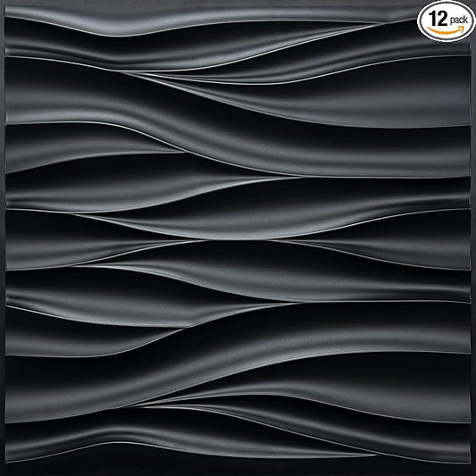 STICKGOO Black 3D Wall Panels, Wave Design Textured PVC Wall Panels, by STICKGOO