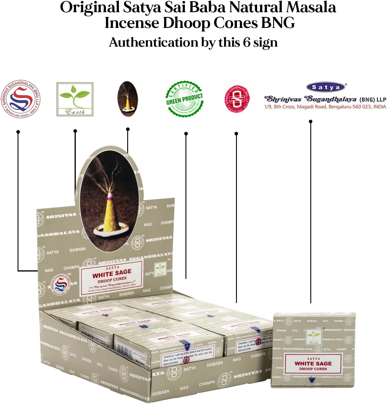 Satya Sai Baba White Sage Original Earth Marked Natural Masala Incense 144 Dhoop Cones in Pack of 12 Boxes | Best for Prayer, Meditation and Relaxation