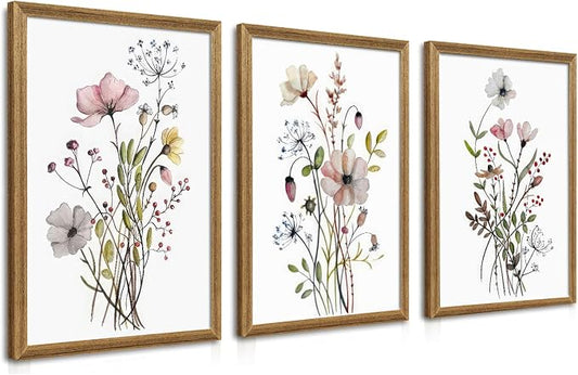 WRFON Framed Botanical Canvas Wall Art Set of 3, Watercolor Floral Prints by Unknown