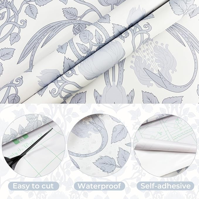 YXTII 17.3"×236.2" Blue Floral Peel and Stick Wallpaper, Damask Boho Wall Paper - Image 2