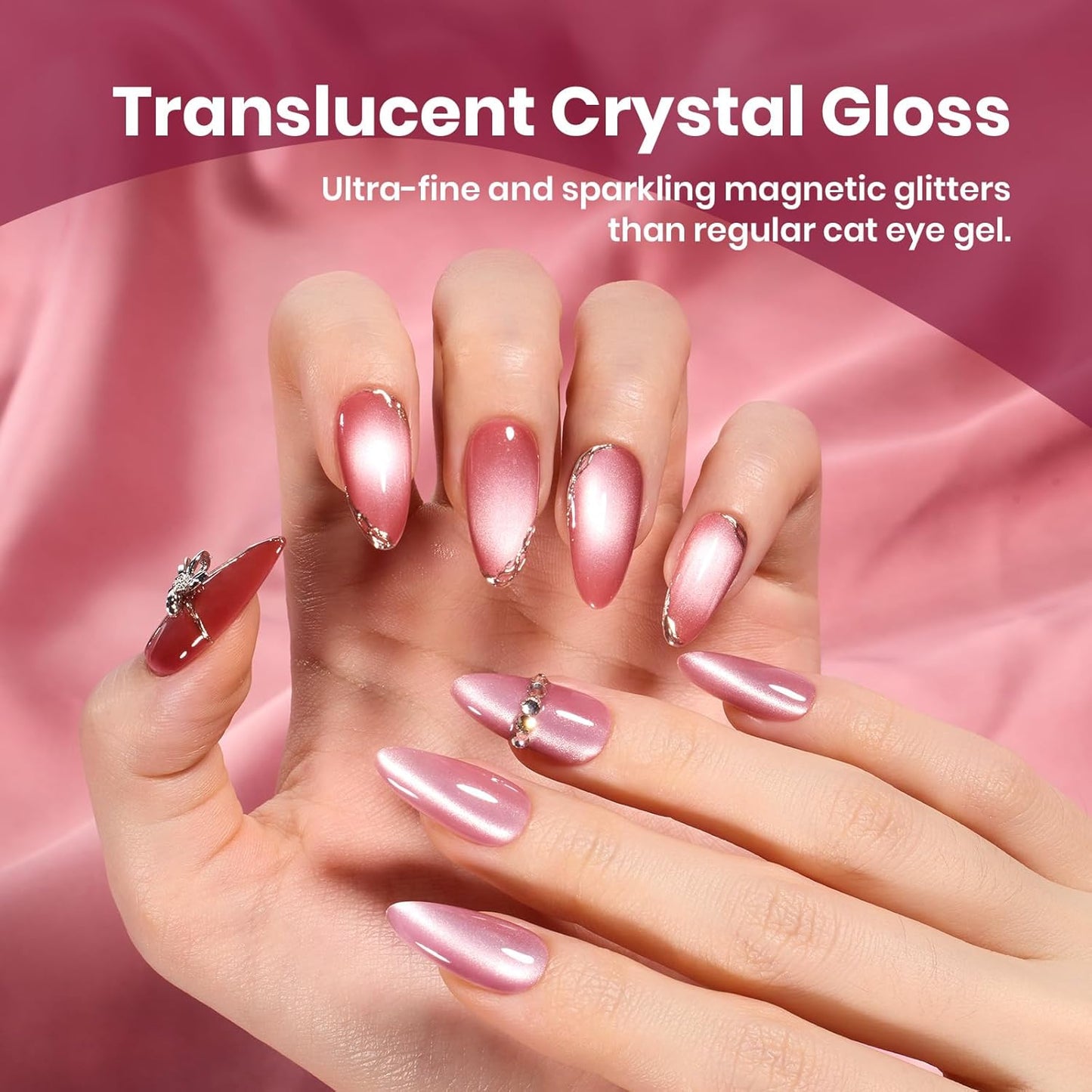 Beetles Cat Eye Gel Nail Polish Set - Porcelain Glow Cat Eye Gel Polish, 6 Colors Silver Red Brown Black Pink Magnetic Glitter Fall Gel Polish Kit Jelly Translucent Effect Soak Off UV Gift for Women