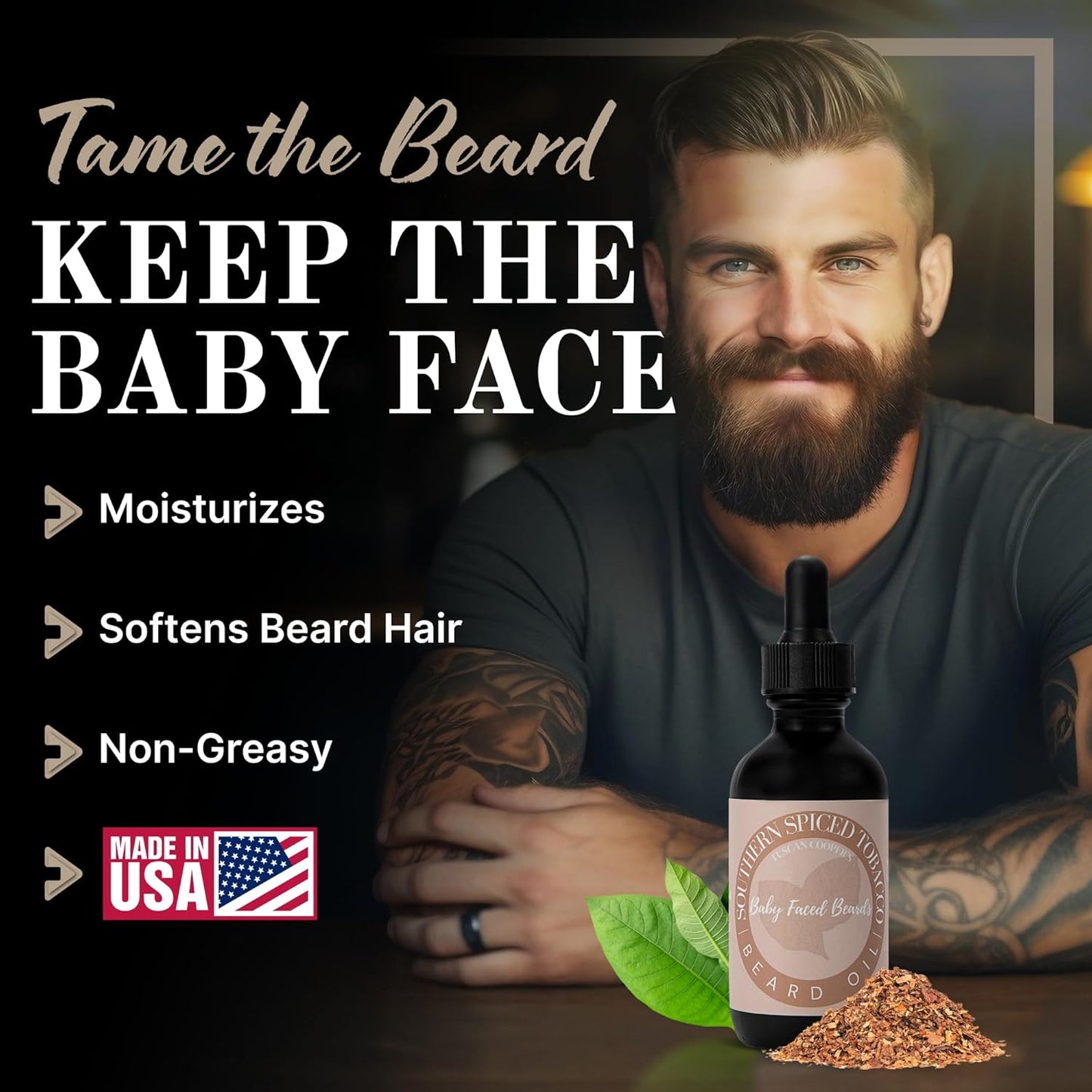 Tuscan Cooper's Baby Faced Beards Oil for Men - Hydrating, Nourishing, Natural Beard Softener and Conditioner for All Hair Types. Coconut, Jojoba, and Sweet Almond Moisture - Lumberjack Scent