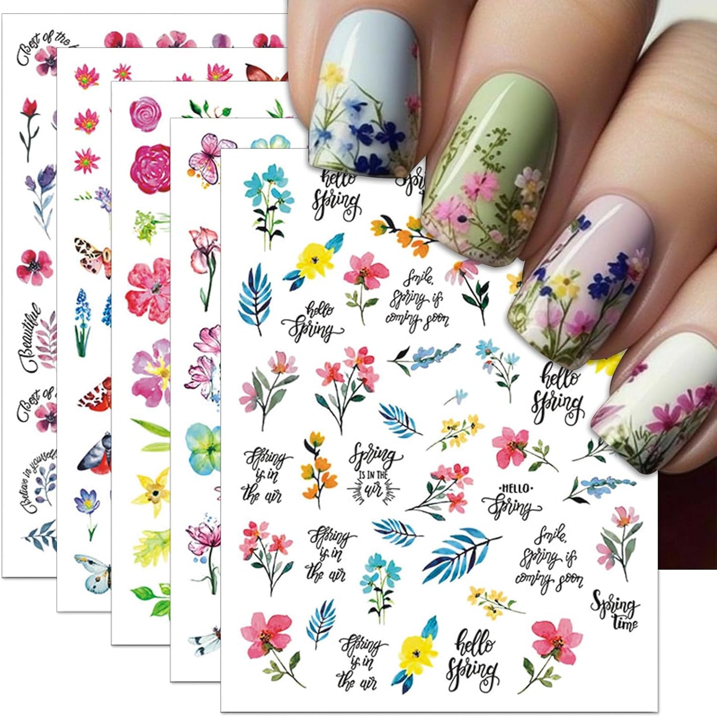 12 Sheets Flower Nail Art Stickers, Self-Adhesive Variety Colorful Floral Nail Decals, 3D Design Butterflies Dragonfly Nail Decorations for Women