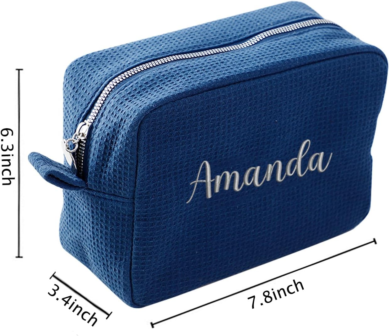 GOPHIE Personalized Embroidered Makeup Bag,Custom Waffle Fabric Cosmetic Pouch for Women, Travel Makeup Pouch (6, Navy Blue)