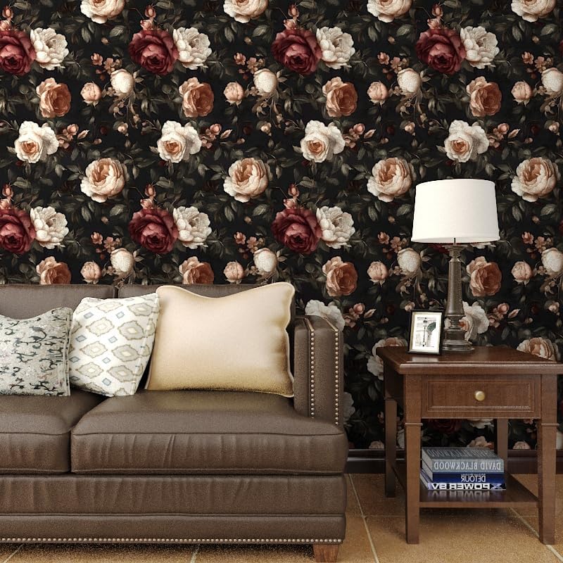 Laatse Vintage Black Red Rose Floral Wallpaper Peel and Stick 17.5"x787" - Image 5