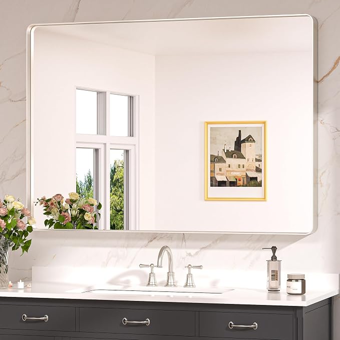 Keonjinn 48 x 36 Brushed Nickel Bathroom Vanity Mirror, Large Rounded Rectangle by Keonjinn