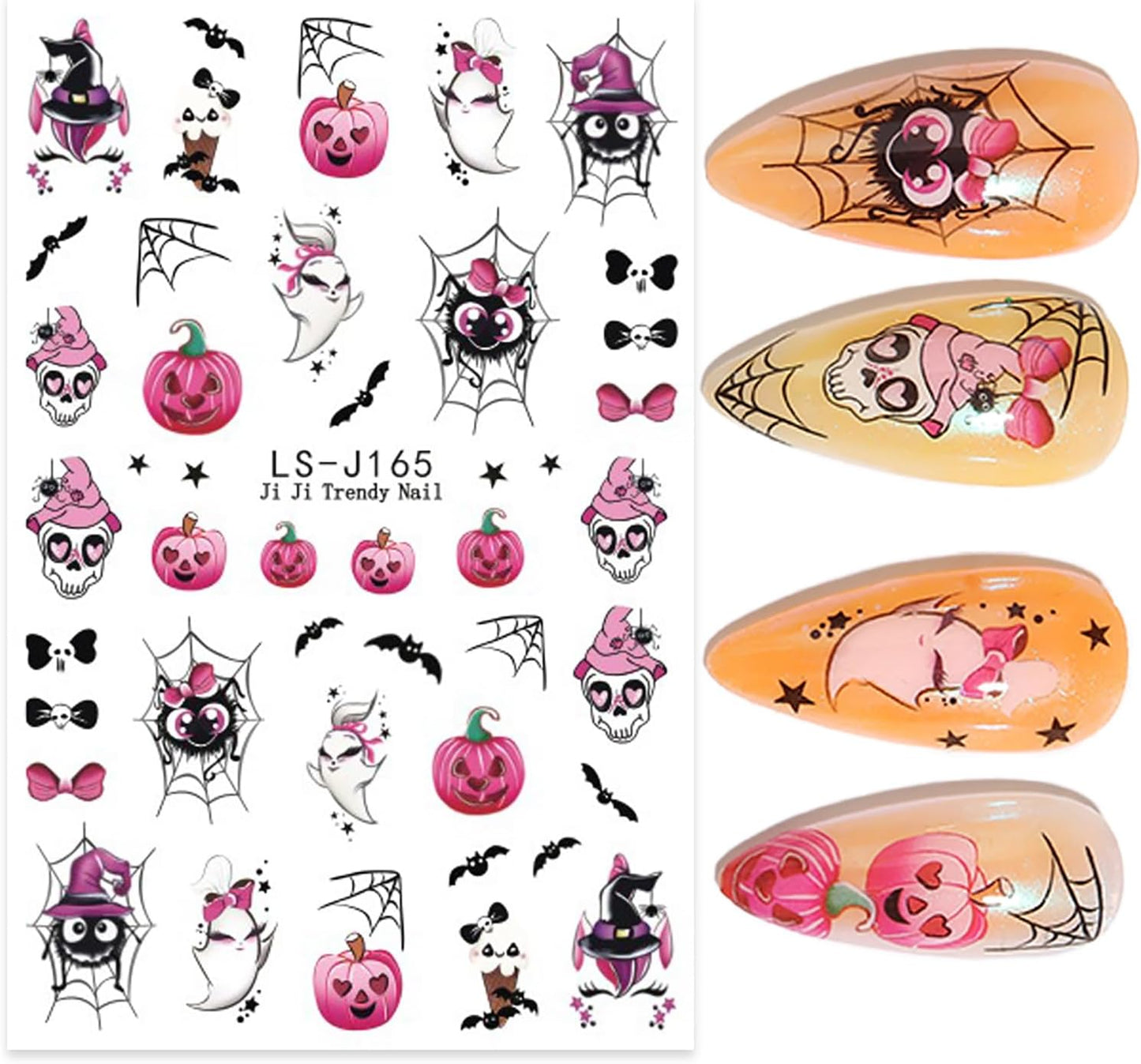 Spooky Nail Stickers Halloween Pumpkins Nail Decals 6PCS Self-Adhesive Flower Bat Spider Web Mushroom Skull Ghost Design Nail Art Supplies Festive DIY Manicure Decorations for Women Salon Manicure Kit
