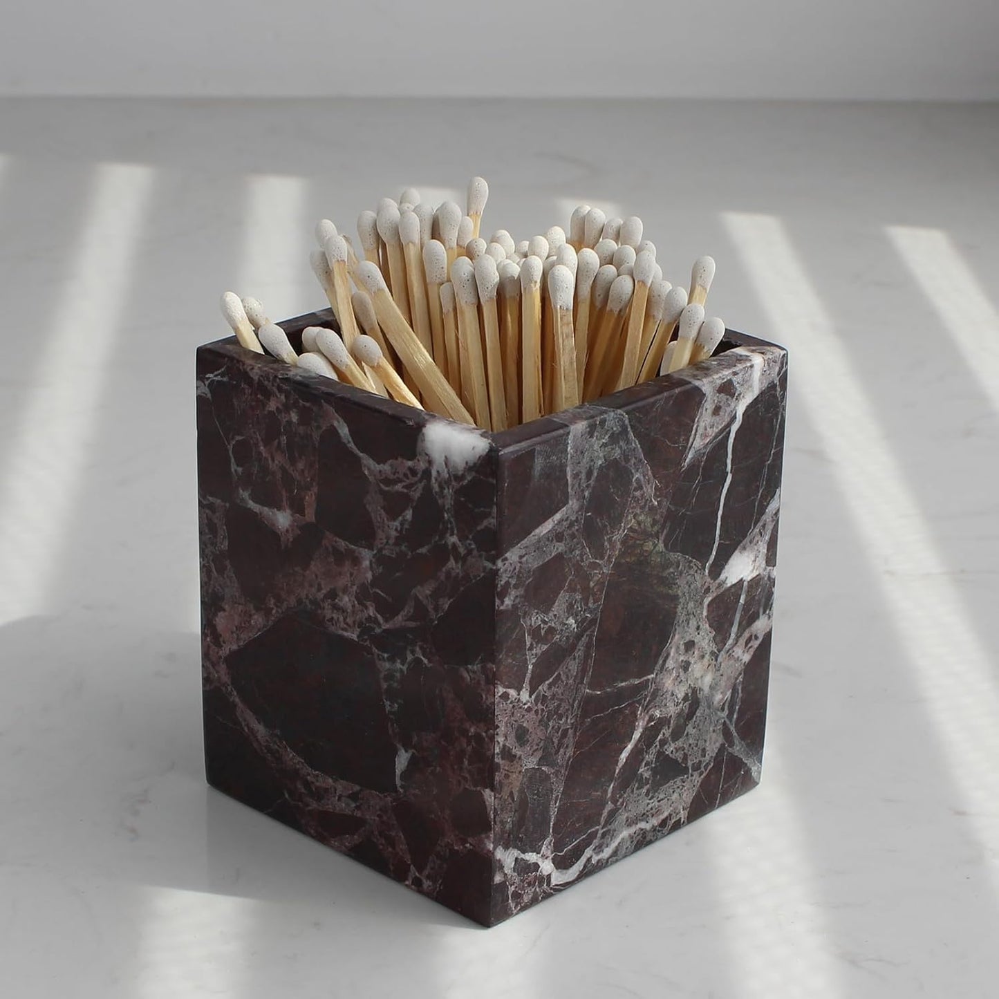 Natural Rosso Levanto Marble Square Storage Container for Toothbrush/Makeup Brush/Pens, Countertop Organizer Bathroom